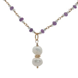 Collier doré améthyste, pierre de lune et duo de perles de culture 50 cm