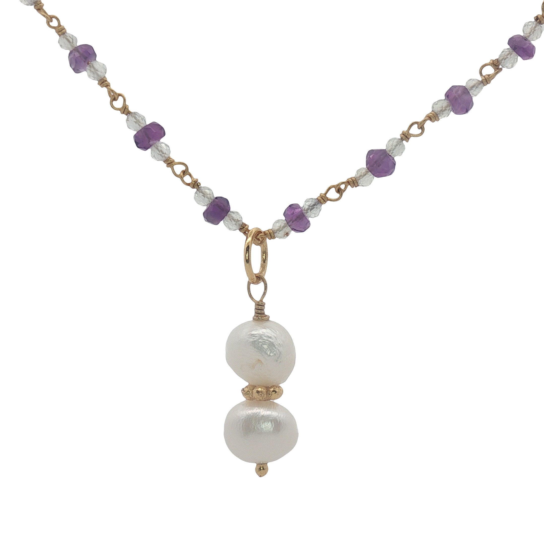 Collier doré améthyste, pierre de lune et duo de perles de culture 50 cm