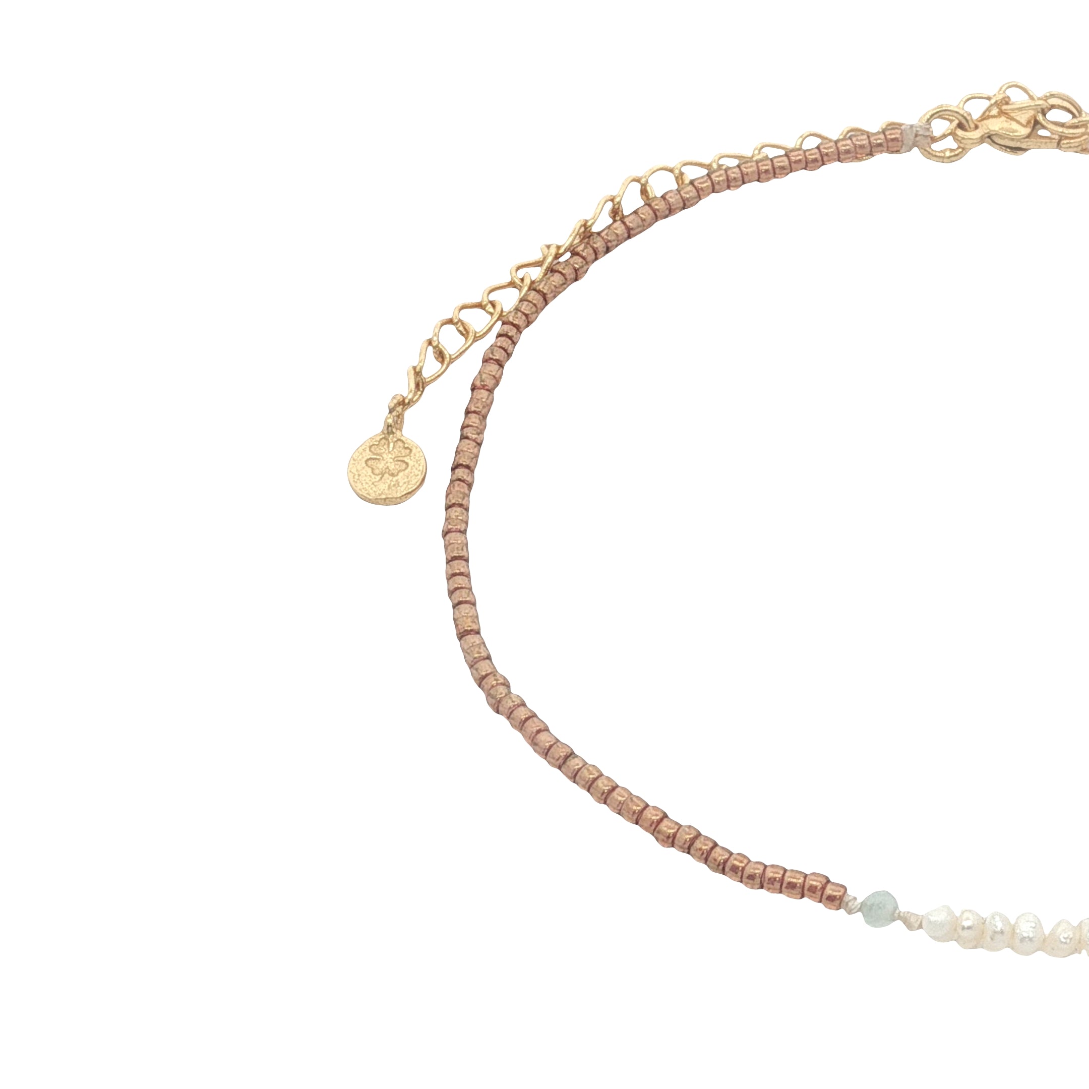 Chaine de cheville dorée perles de culture, tourmaline et perles métallisées mordorées