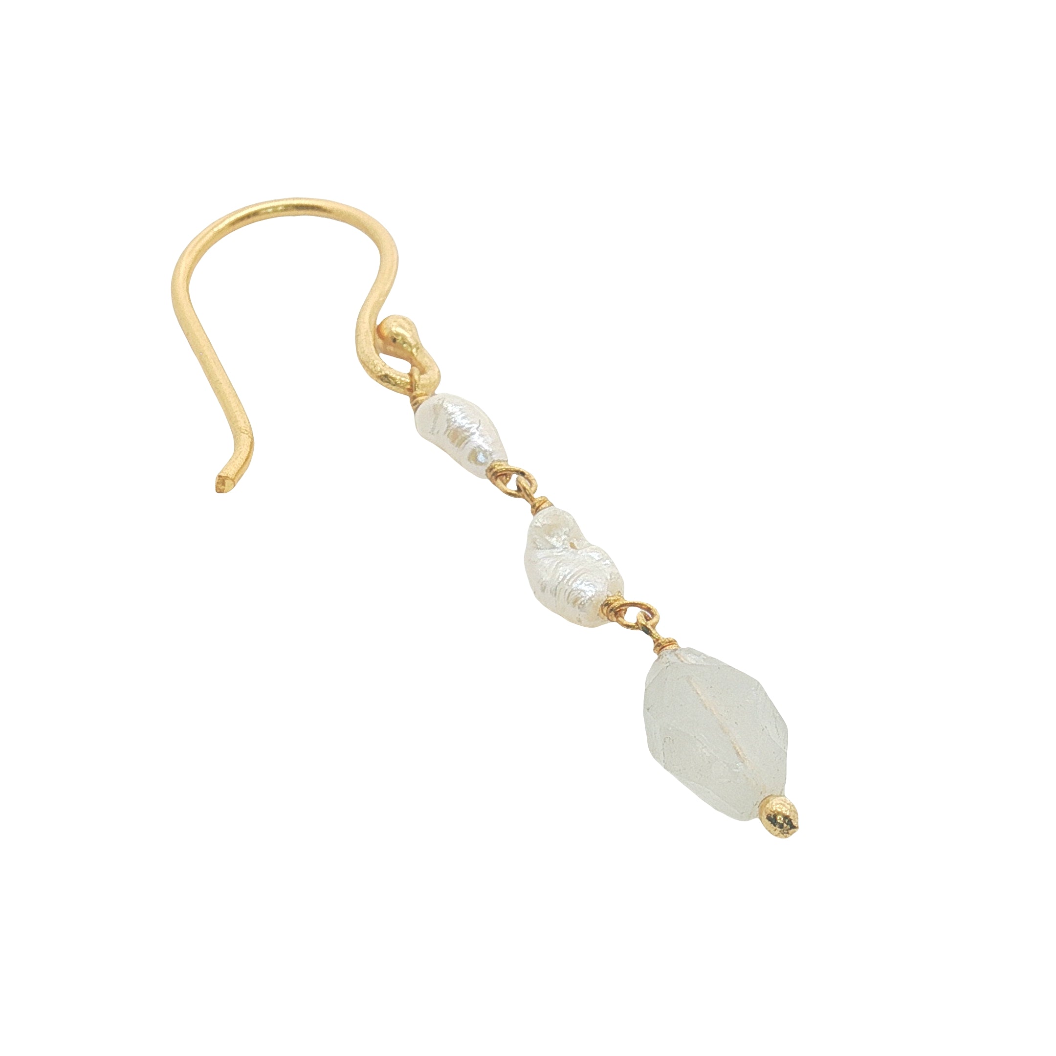 Boucles d'oreilles pendantes dorées duo perle de culture et pierre de lune