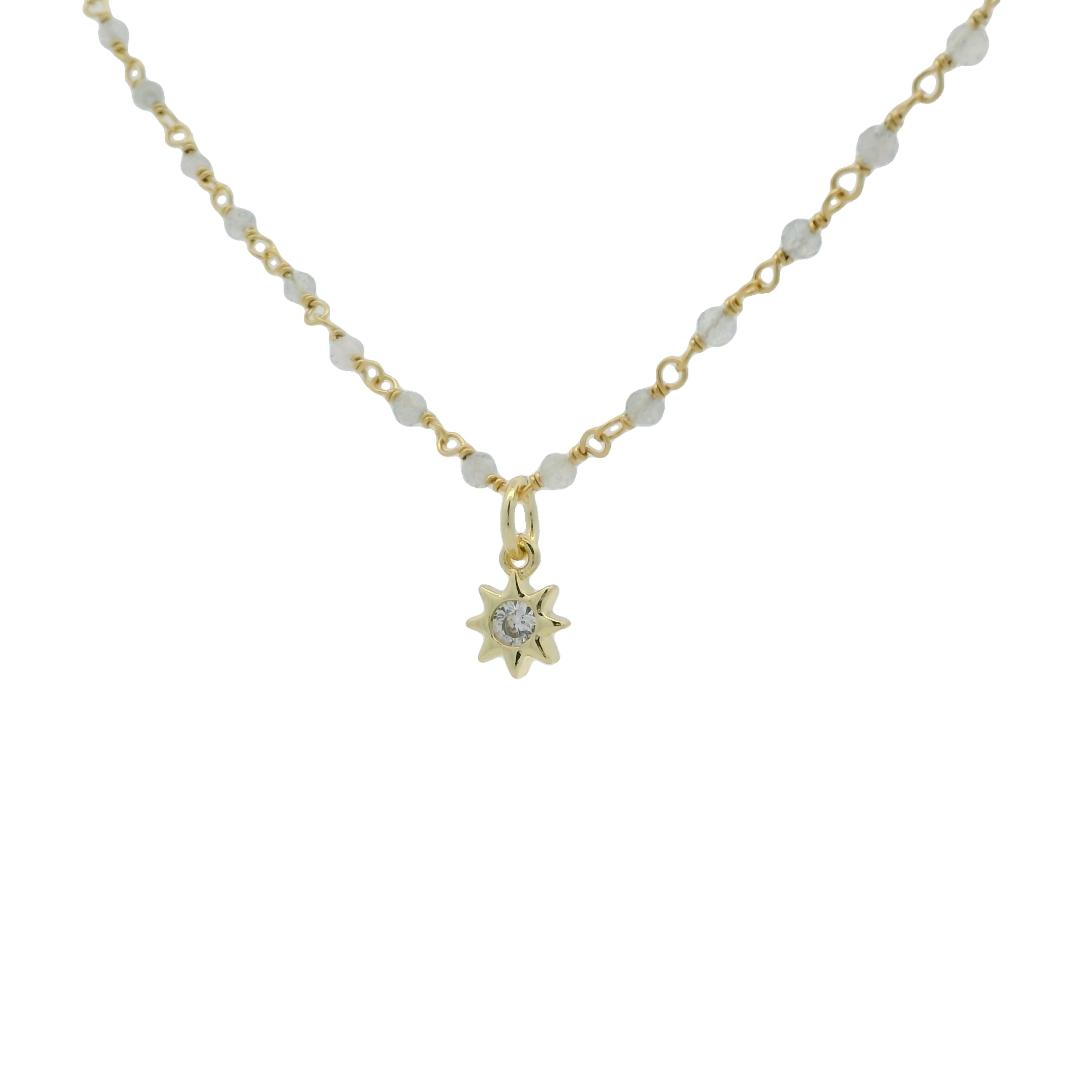 Collier doré rosary labradorite et étoile zircon blanc 46 cm