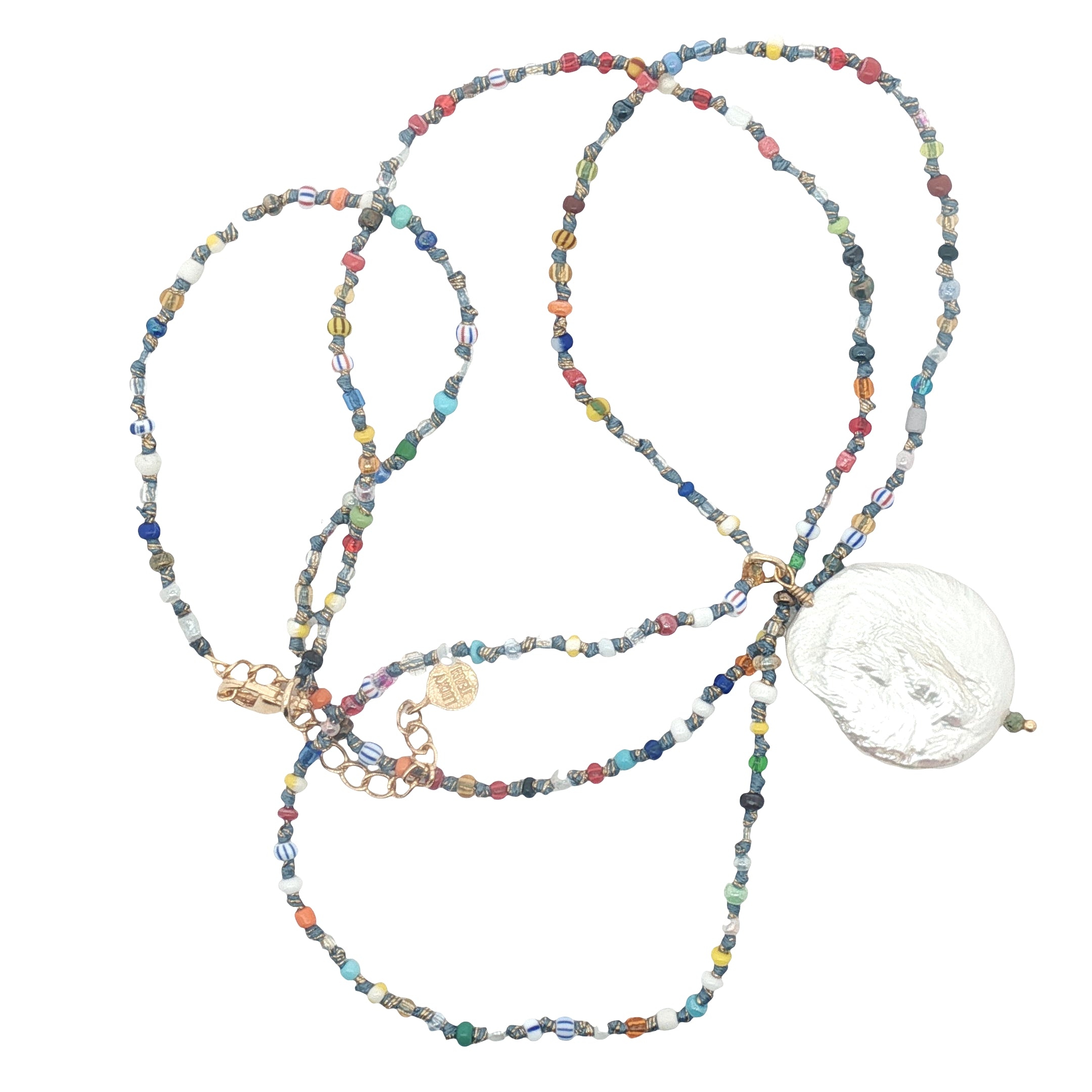 Collier doré nacre et tourmaline avec perles multicolores 60 cm
