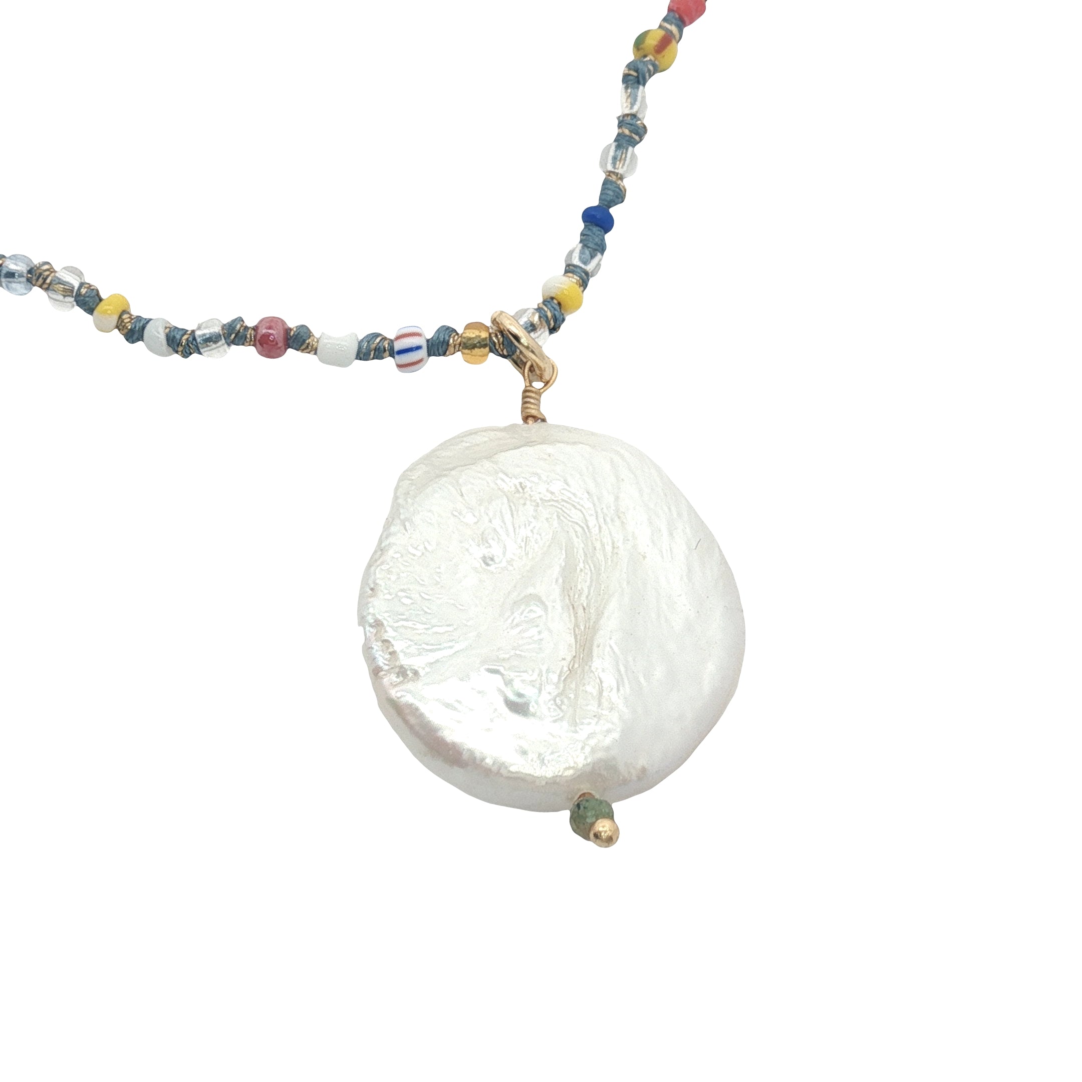 Collier doré nacre et tourmaline avec perles multicolores 60 cm