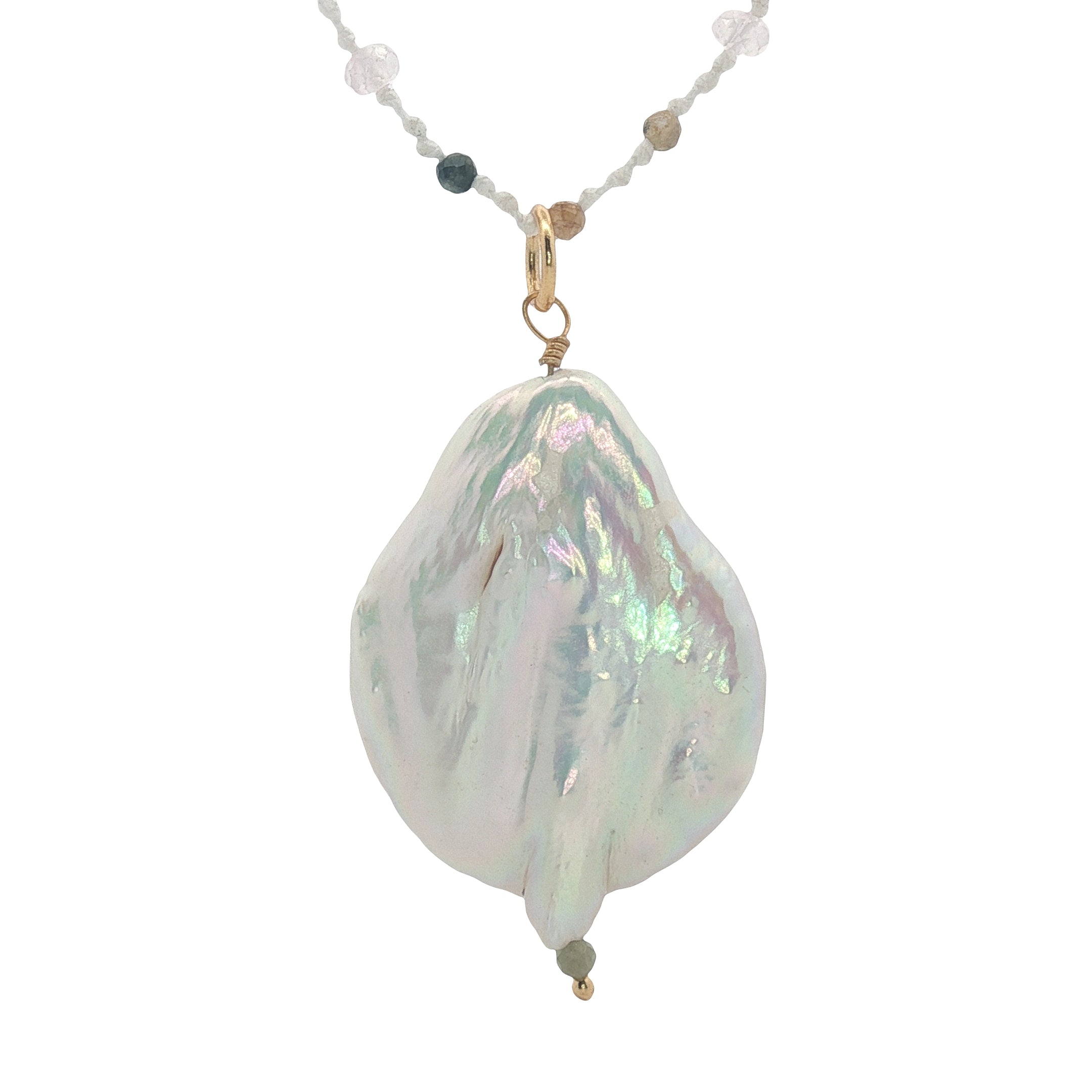 Collier doré nacre blanche, tourmaline et quartz rose 60 cm