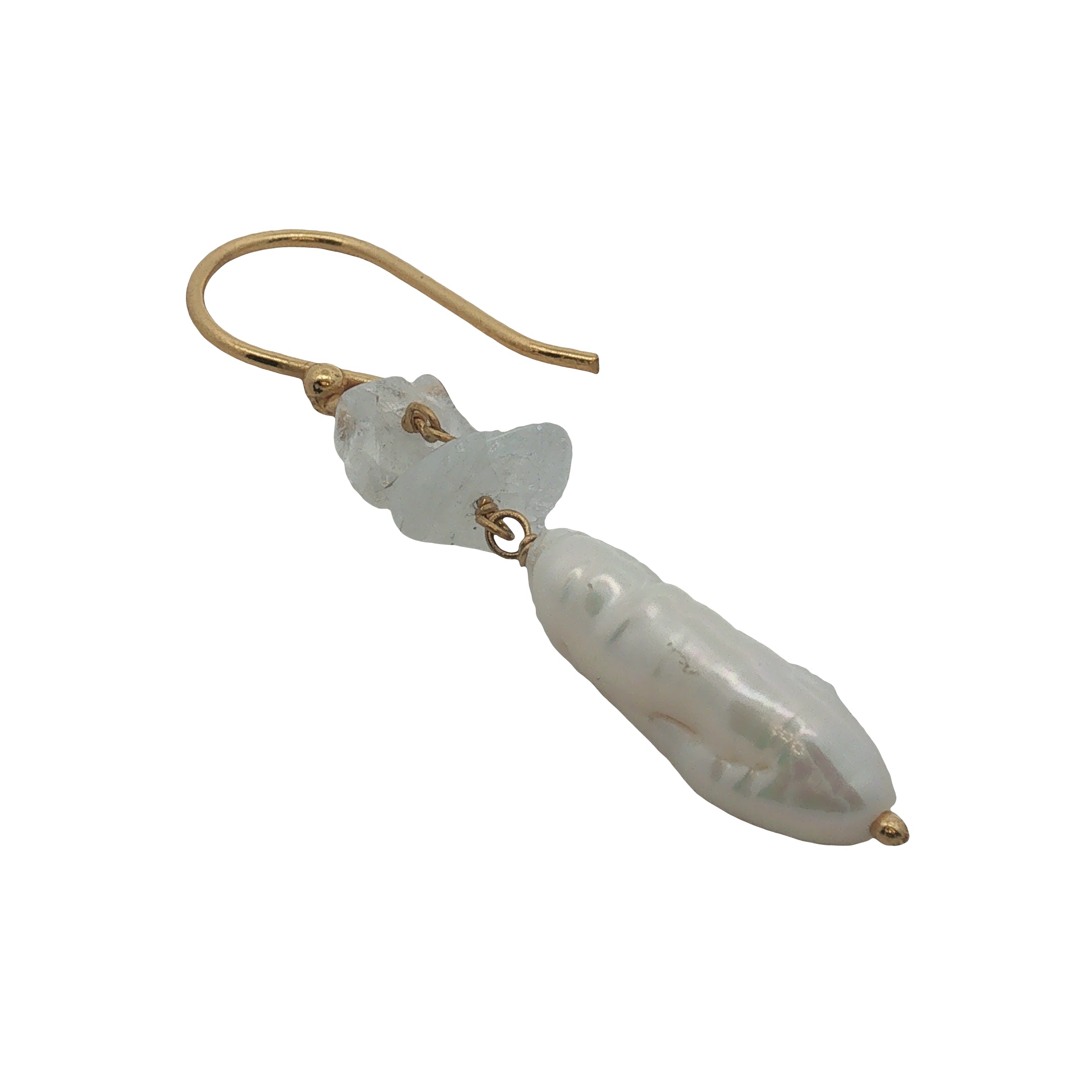 Boucles d'oreilles pendantes dorées perle de culture longue et pierre de lune
