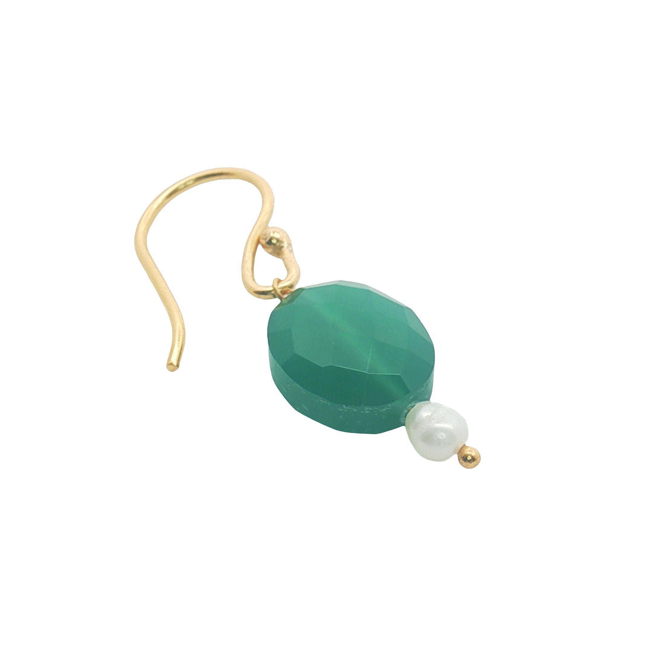 Boucles d'oreilles pendantes dorées duo onyx verte et perle de culture