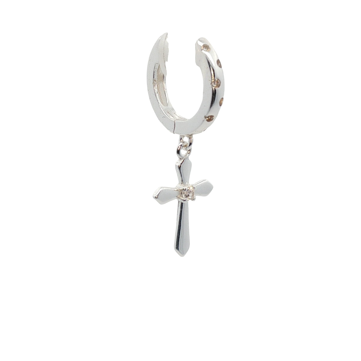 Mini créole fermée argent 925 avec zircons et pampille croix