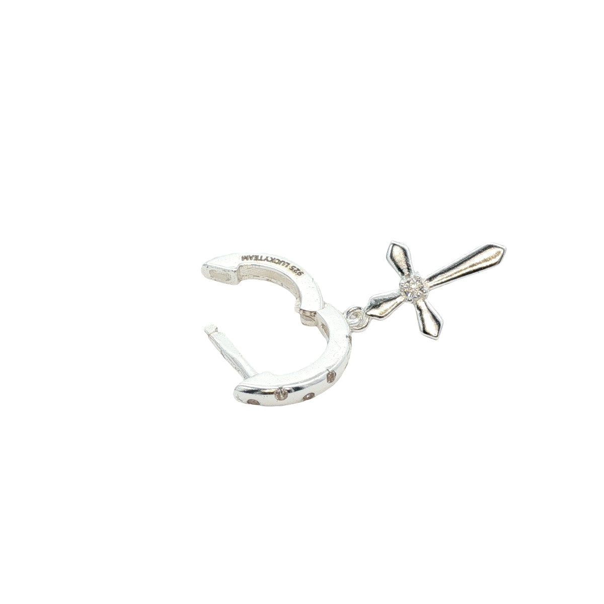 Mini créole fermée argent 925 avec zircons et pampille croix