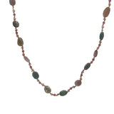 Collier doré multi tourmaline, grenat, perles dorées et noeuds roses 50 cm