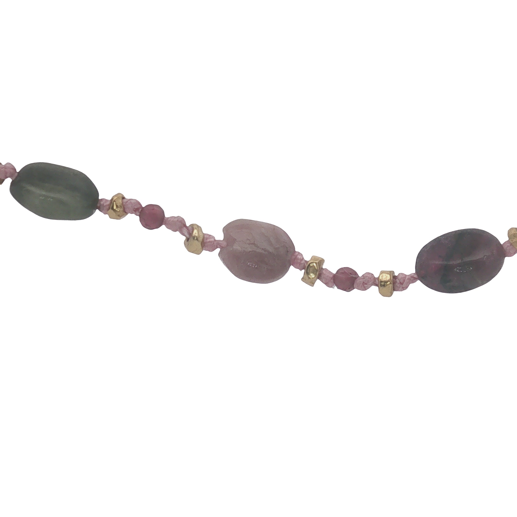 Collier doré multi tourmaline, grenat, perles dorées et noeuds roses 50 cm