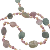 Collier doré multi tourmaline, grenat, perles dorées et noeuds roses 50 cm