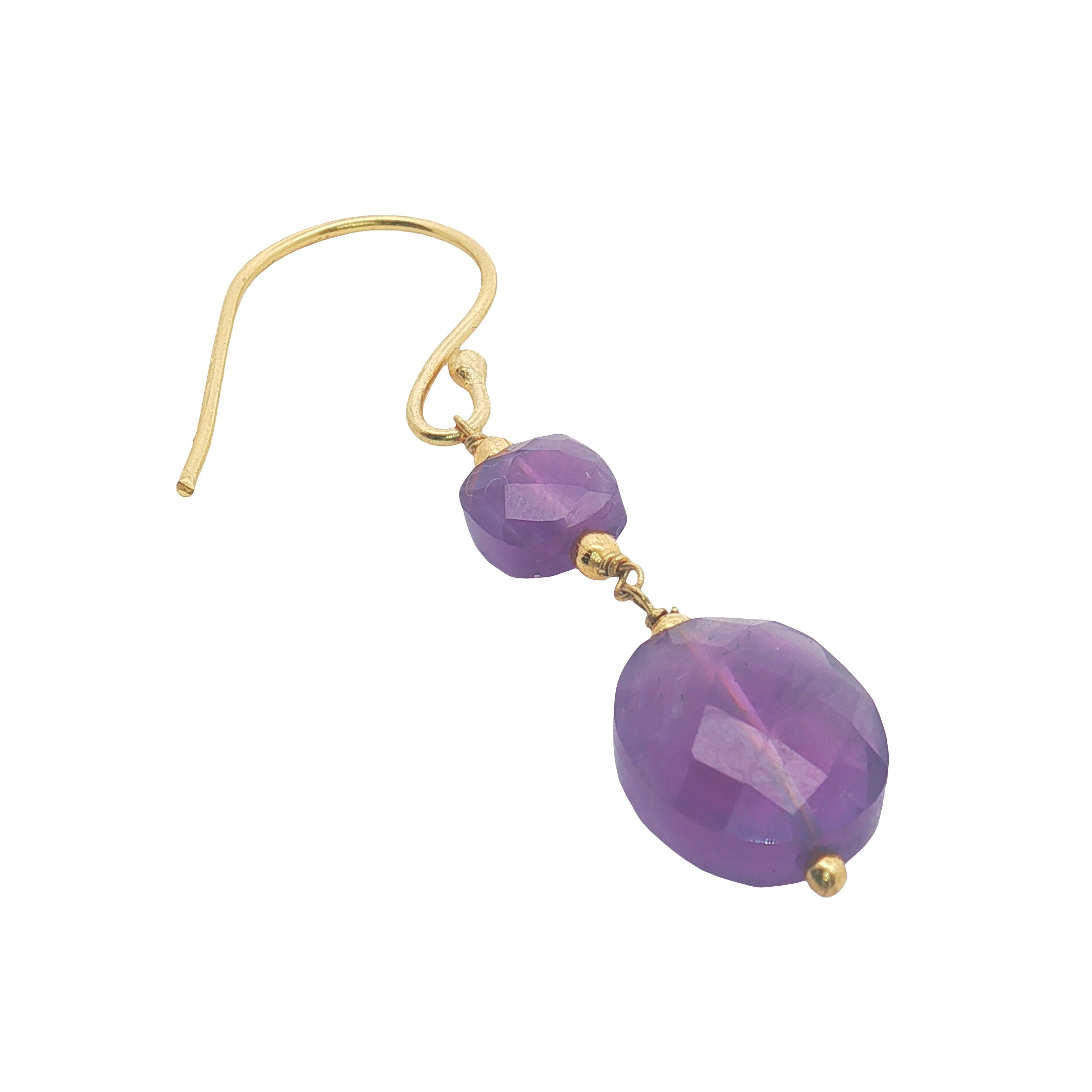 Boucles d'oreilles pendantes dorées duo améthyste