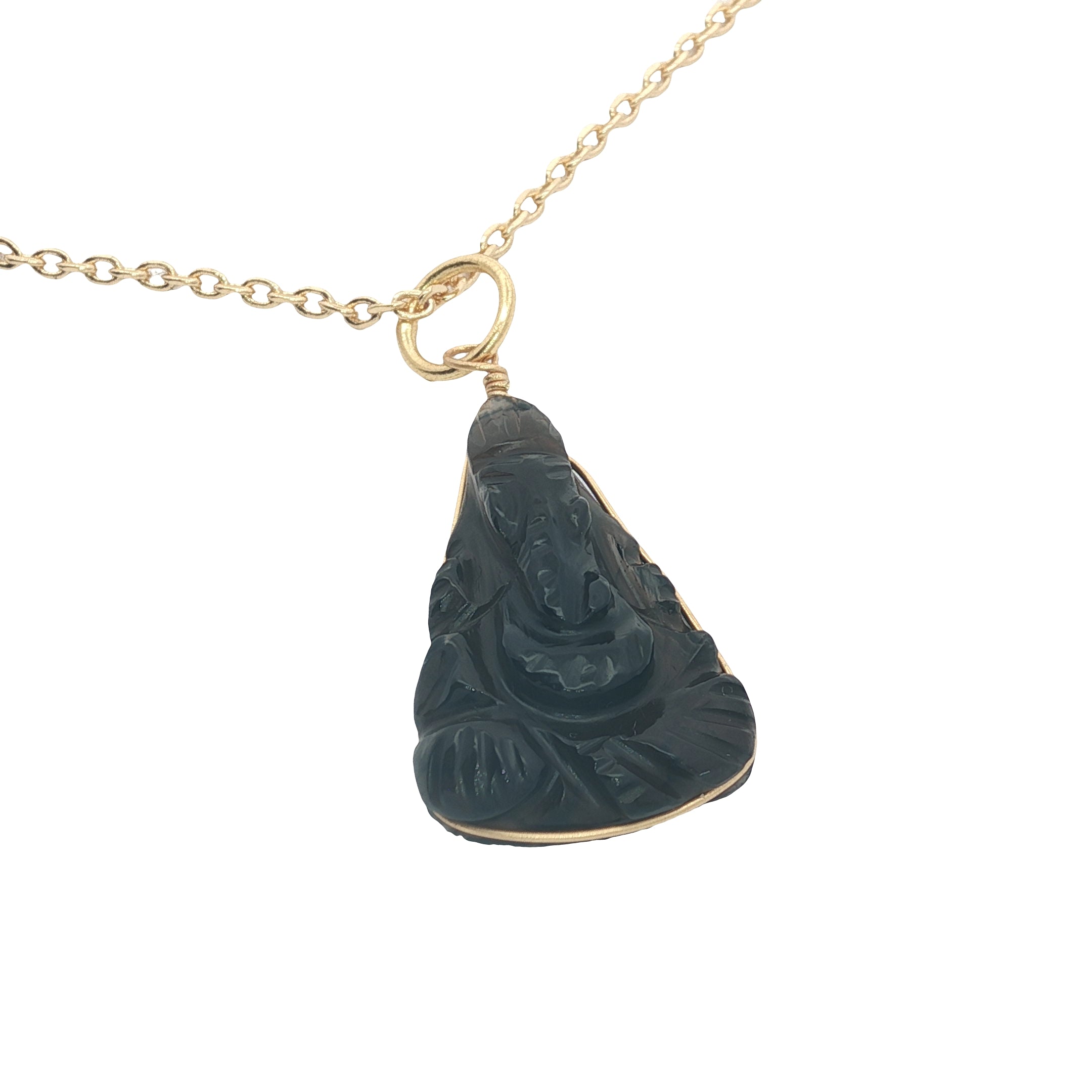 Collier doré Ganesh taillée dans du quartz fumé 42 cm