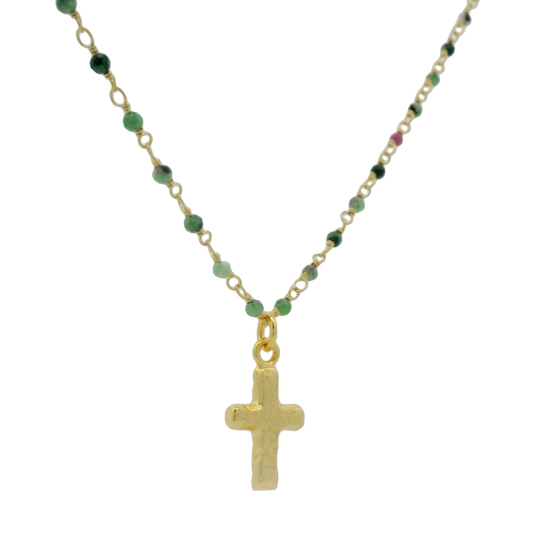 Sautoir doré santa maria rubis zoisite et croix brossé 75cm