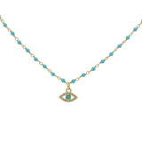 Collier doré rosary turquoise et oeil zircons blancs 44 cm