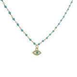 Collier doré rosary turquoise et oeil zircons blancs 44 cm