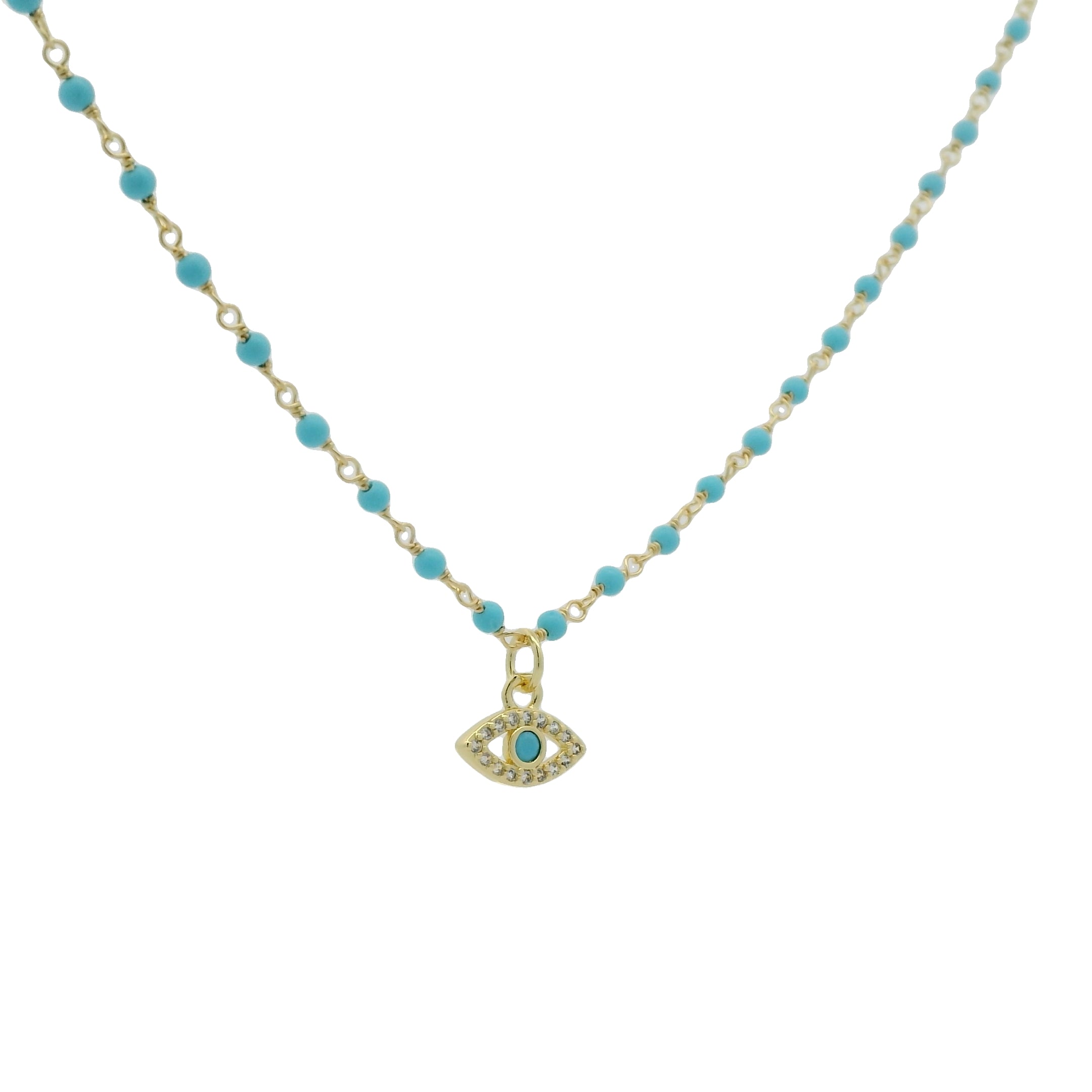 Collier doré rosary turquoise et oeil zircons blancs 44 cm