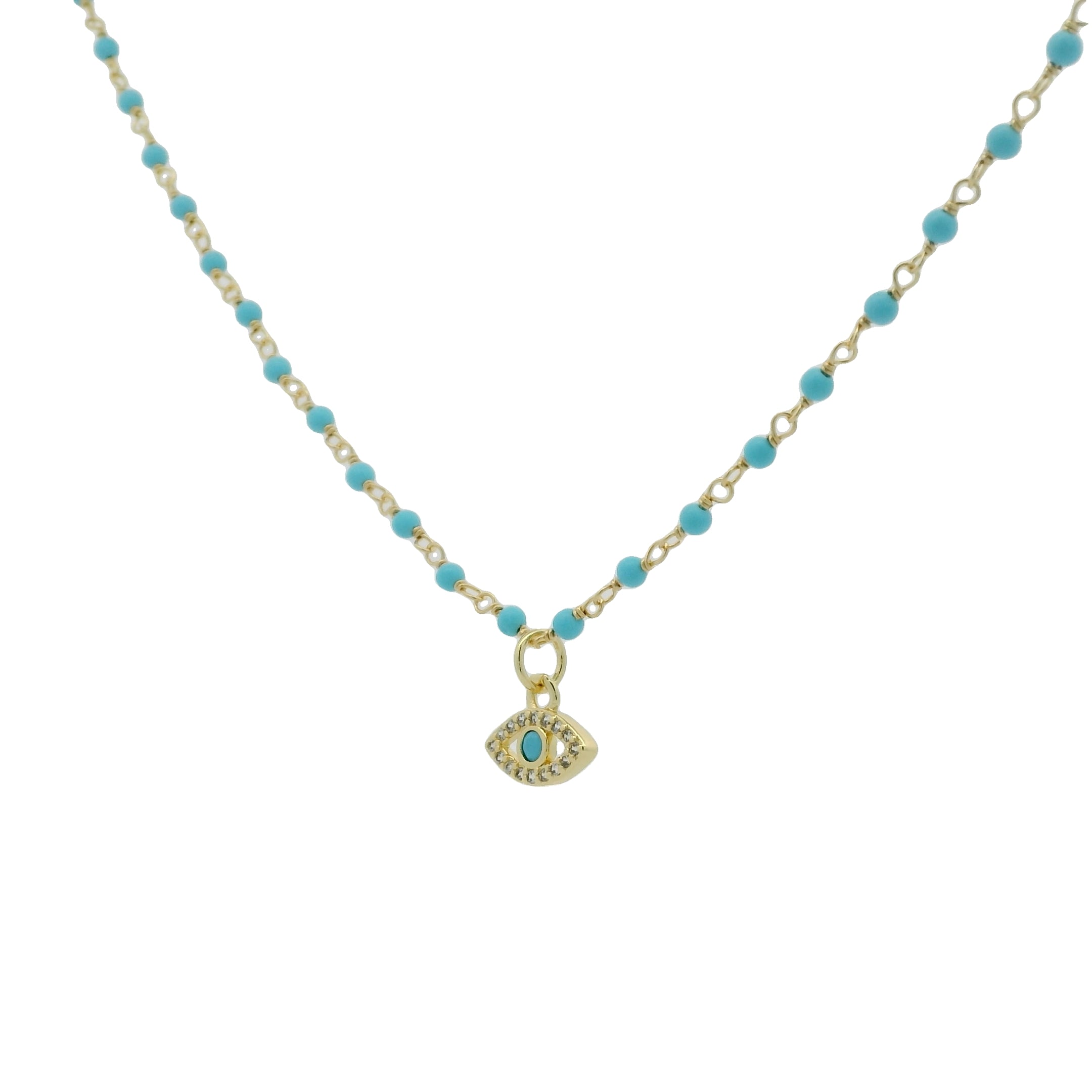 Collier doré rosary turquoise et oeil zircons blancs 44 cm