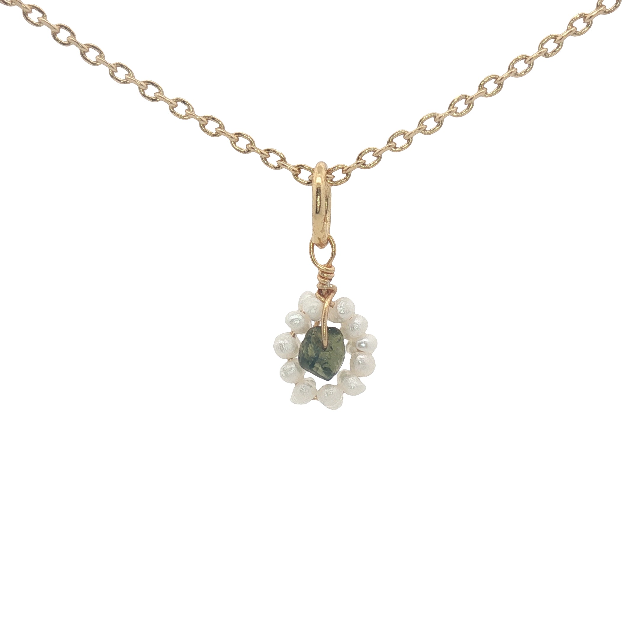 Collier doré petite fleur en tourmaline et perles de culture 42 cm
