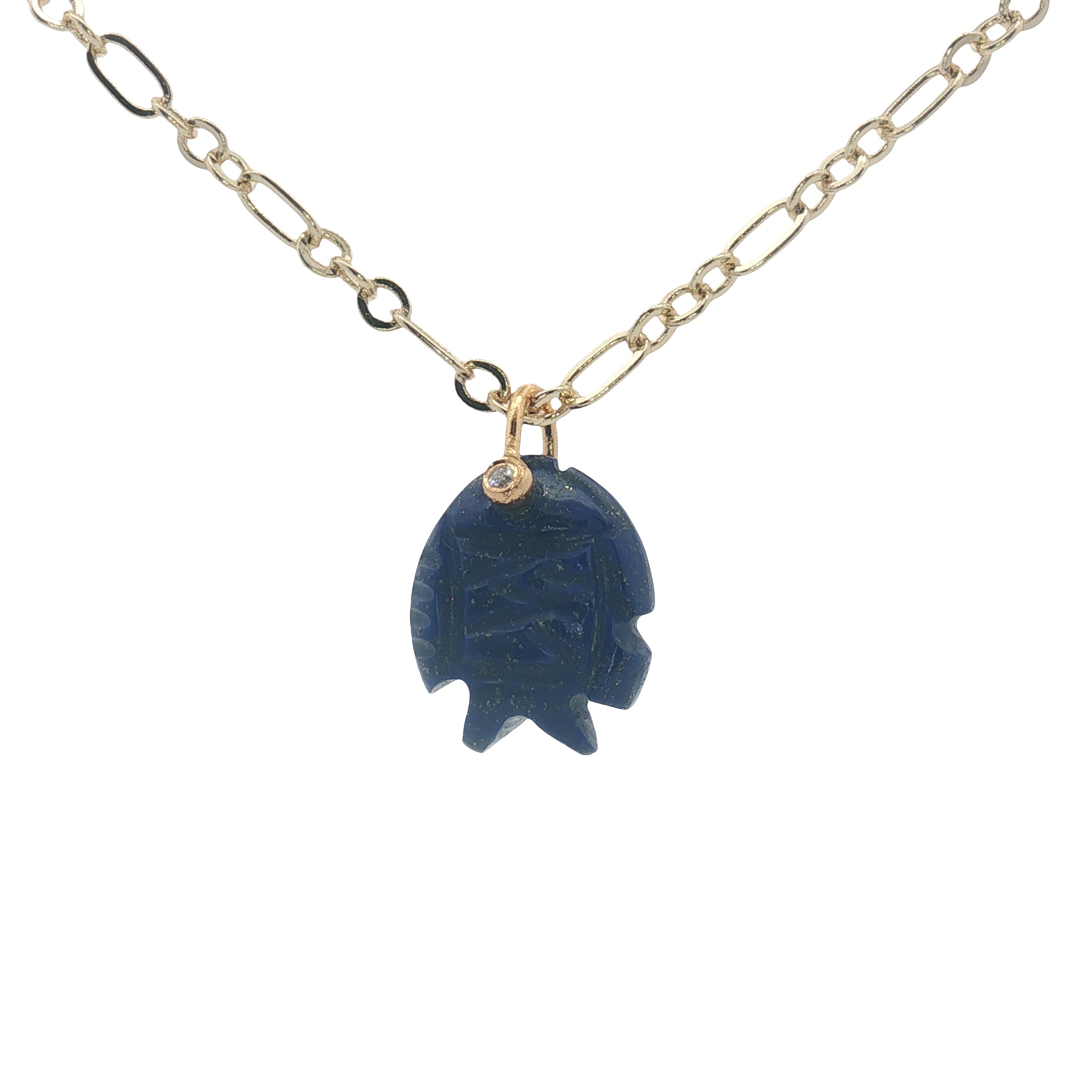 Collier doré poisson taillé dans la lapis lazulis 38 cm