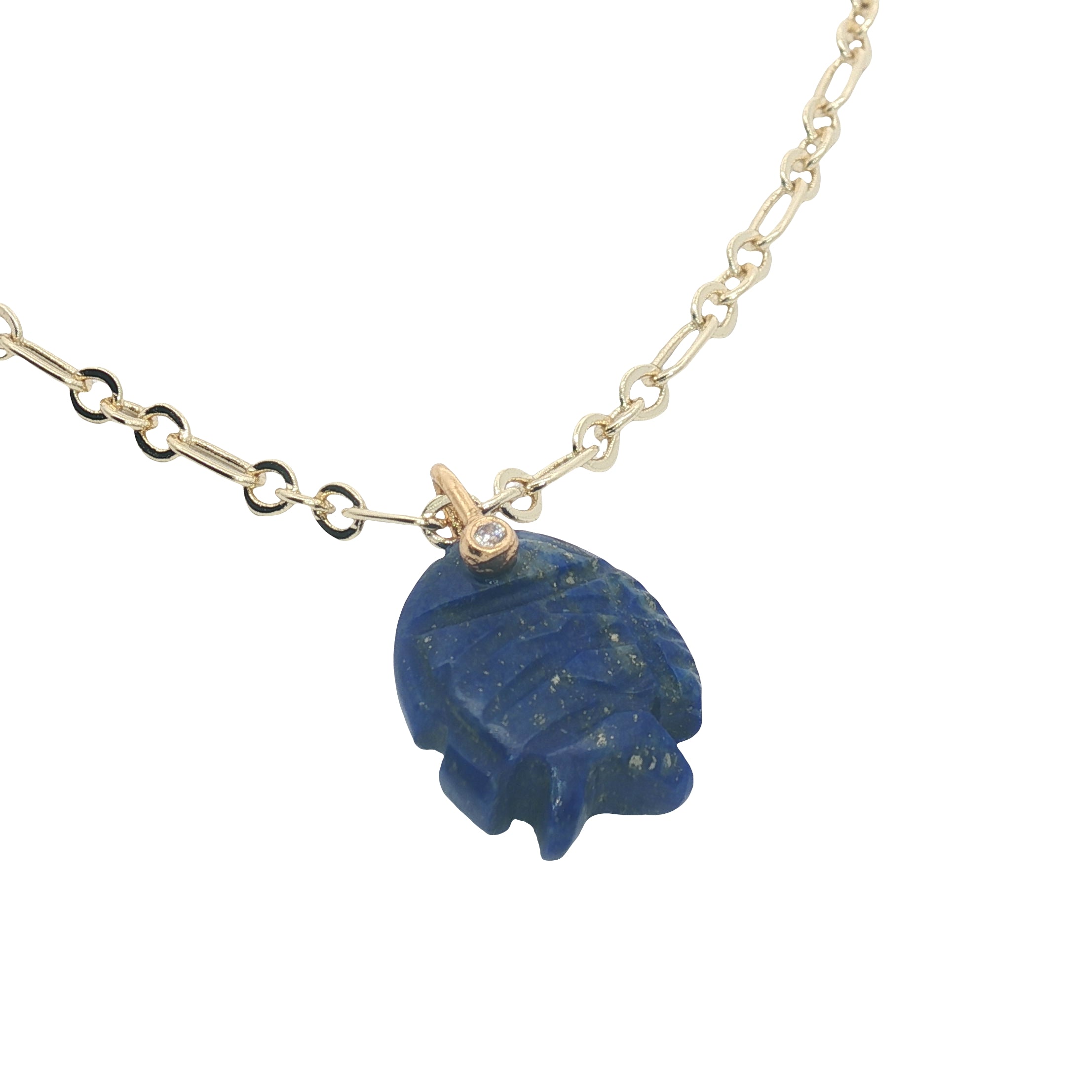 Collier doré poisson taillé dans la lapis lazulis 38 cm