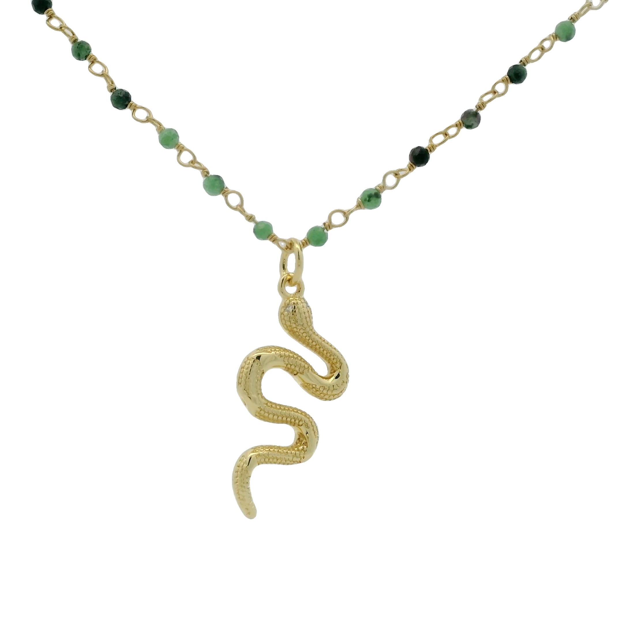 Sautoir doré rosary rubis zoisite et serpent 75cm