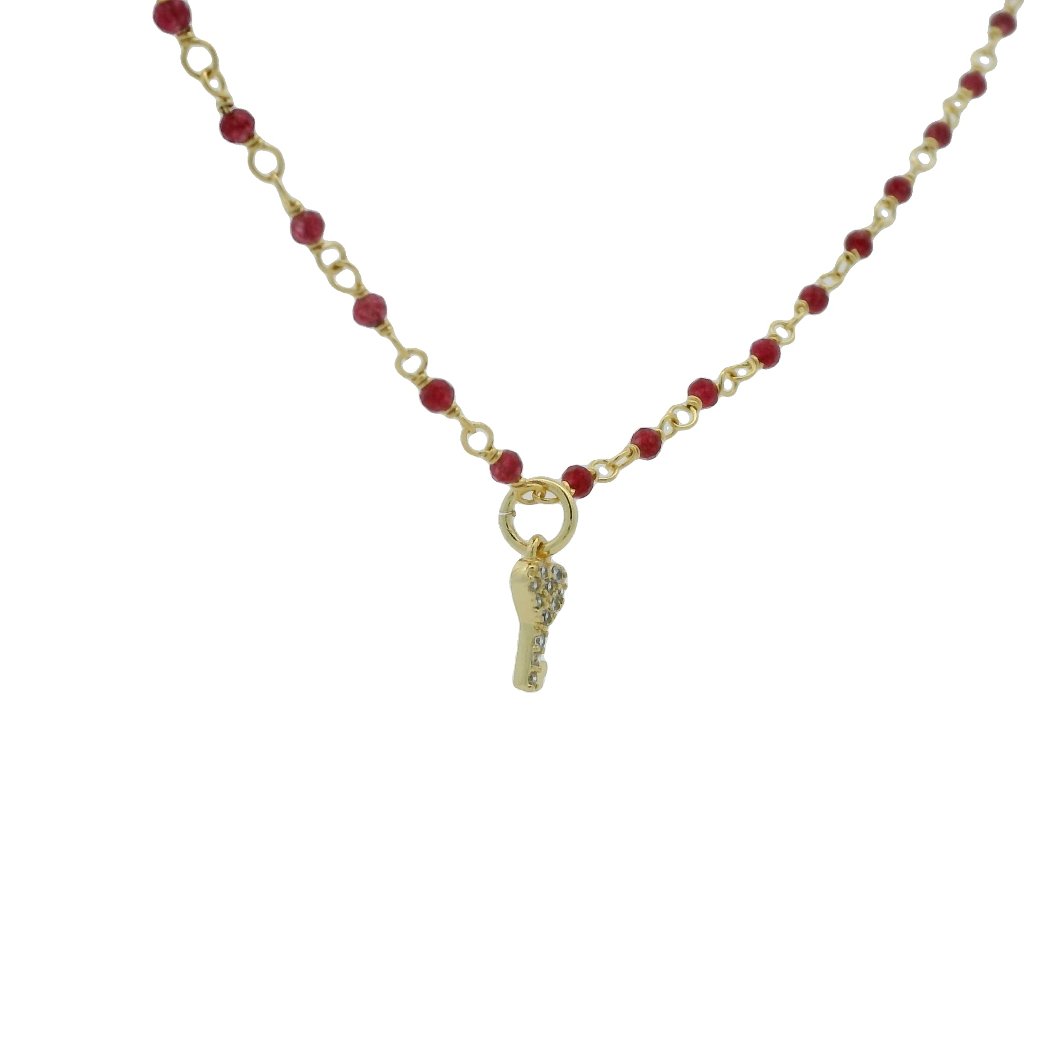 Collier doré chaine rosary rubis indien clé coeur en zircons 38 cm