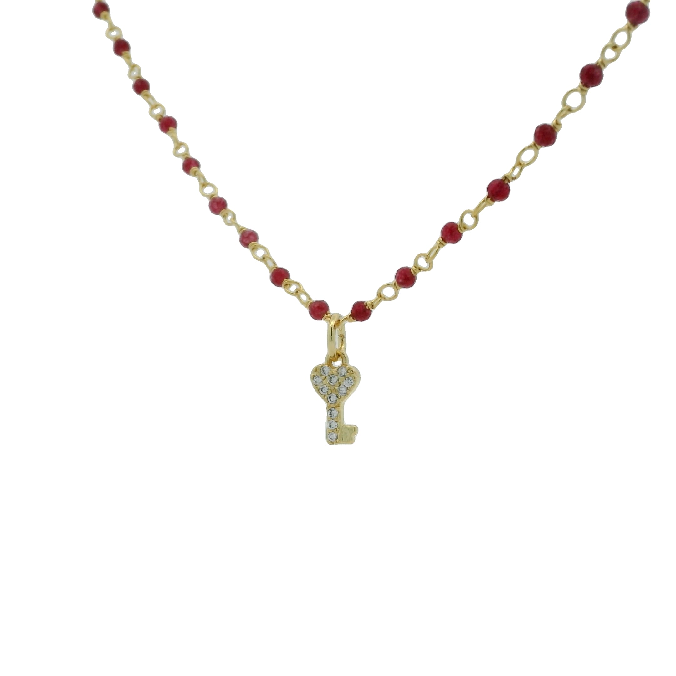 Collier doré chaine rosary rubis indien clé coeur en zircons 38 cm