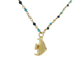 Sautoir doré rosary turquoise perles lapis et poisson 80 cm
