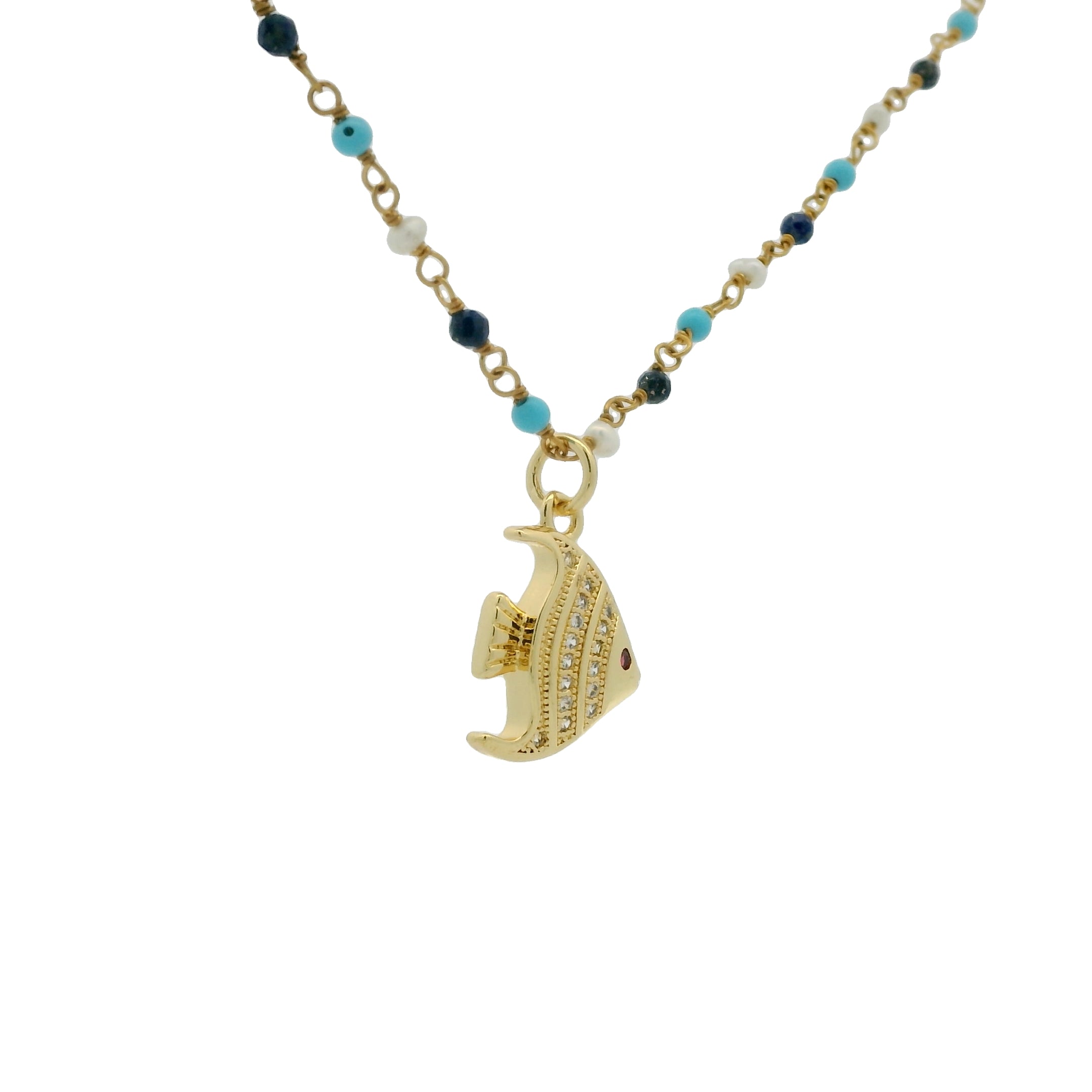 Sautoir doré rosary turquoise perles lapis et poisson 80 cm