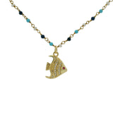 Sautoir doré rosary turquoise perles lapis et poisson 80 cm