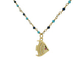 Sautoir doré rosary turquoise perles lapis et poisson 80 cm