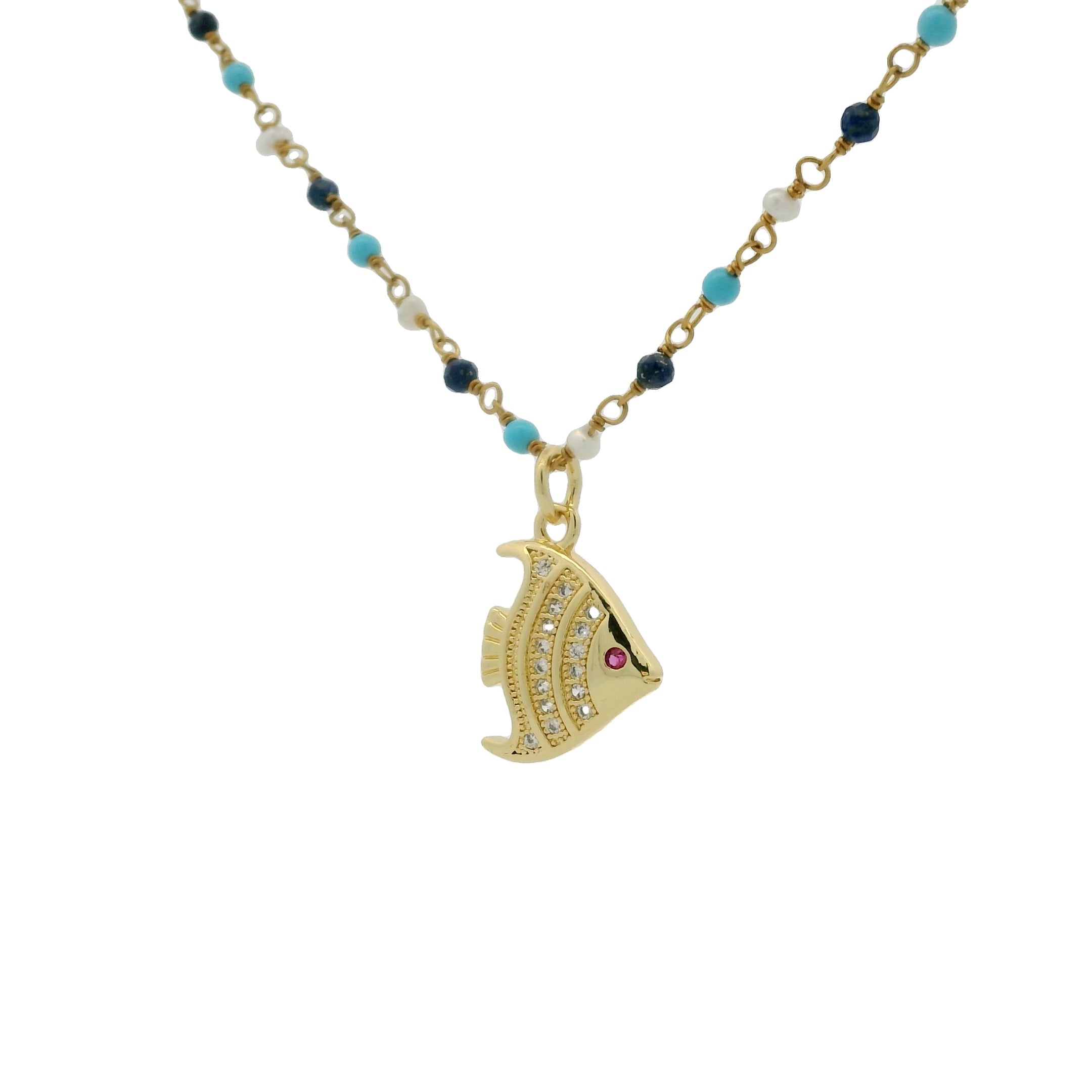 Sautoir doré rosary turquoise perles lapis et poisson 80 cm