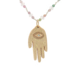 Collier main de Fatma dorée tourmaline et quartz rose 60 cm