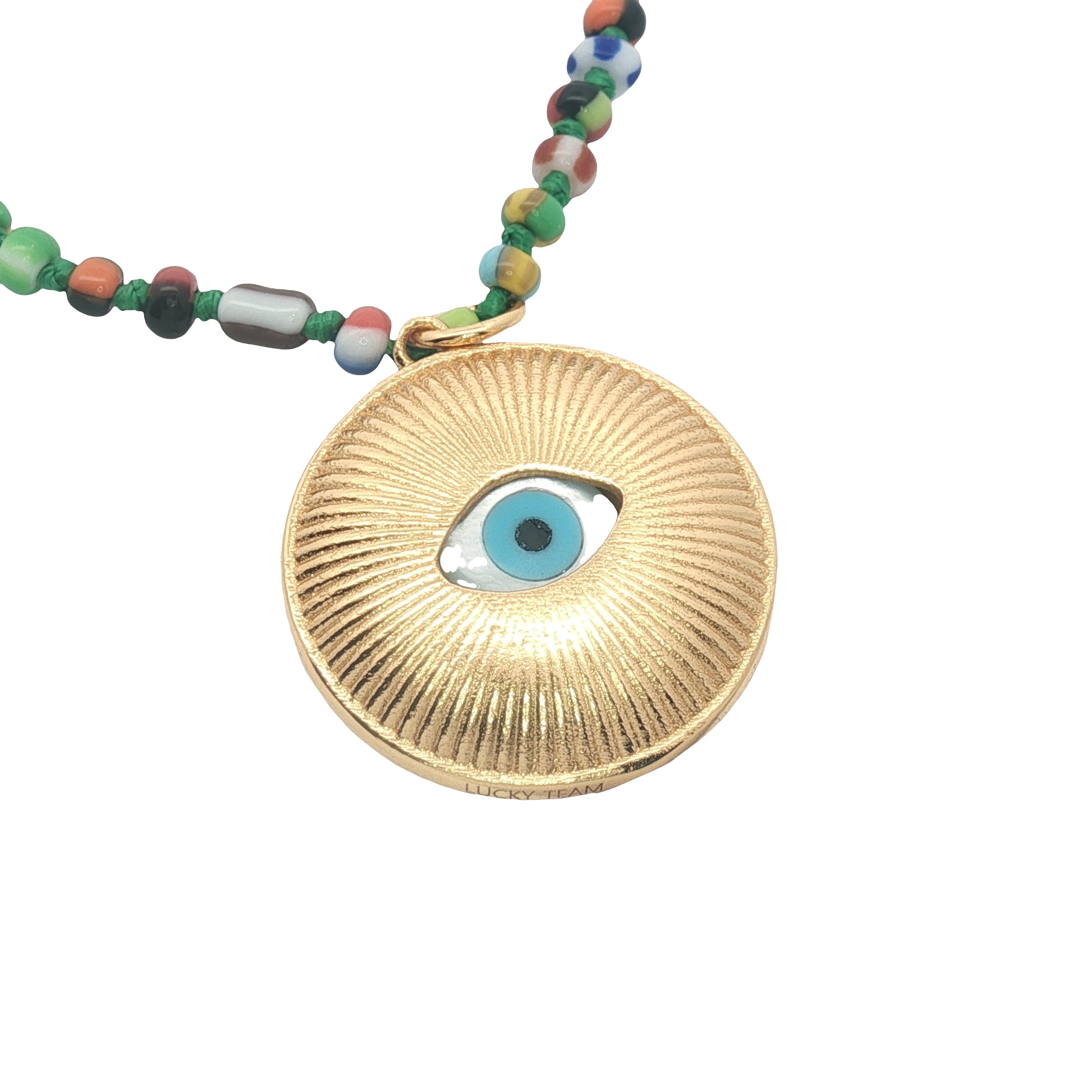 Collier doré médaille oeil en nacre perles multicolores 50 cm