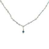 Collier doré alternance de perles de culture et noeuds turquoise oeil nacre 50 cm