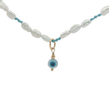 Collier doré alternance de perles de culture et noeuds turquoise oeil nacre 50 cm