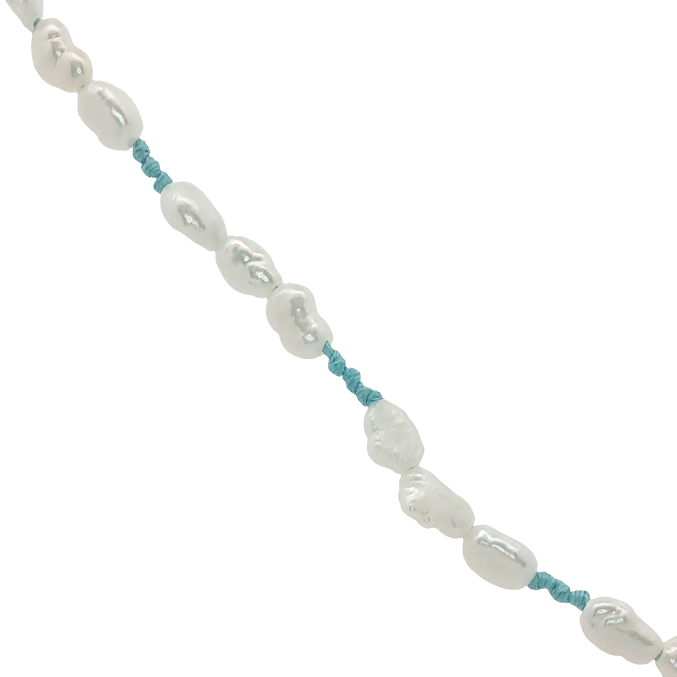 Collier doré alternance de perles de culture et noeuds turquoise oeil nacre 50 cm