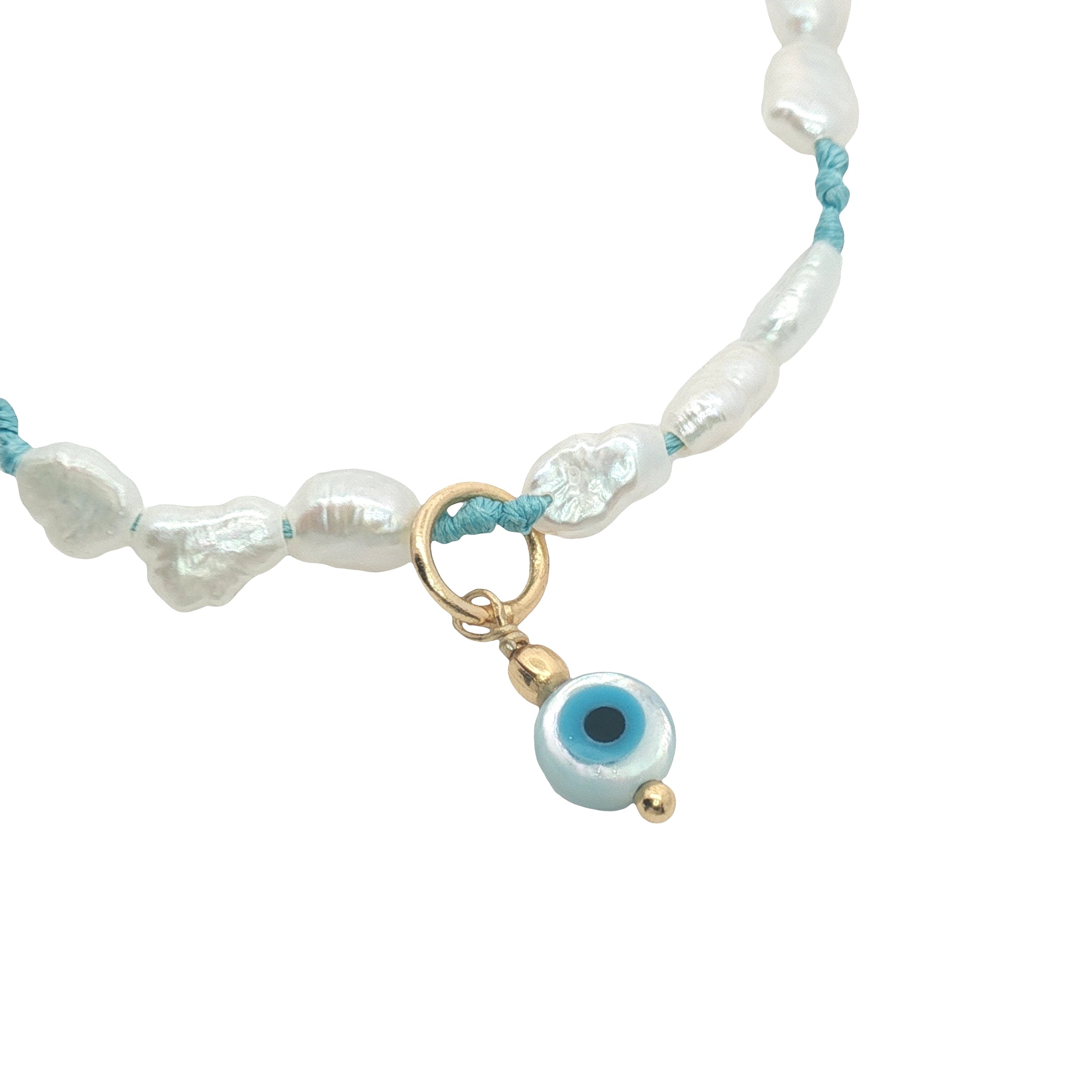 Collier doré alternance de perles de culture et noeuds turquoise oeil nacre 50 cm