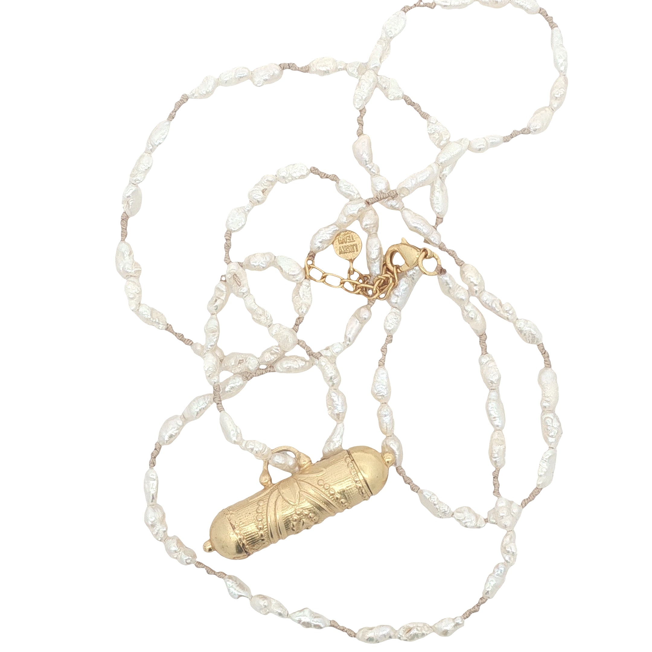 Collier doré grand Tabiz perles de culture et fil beige 75 cm