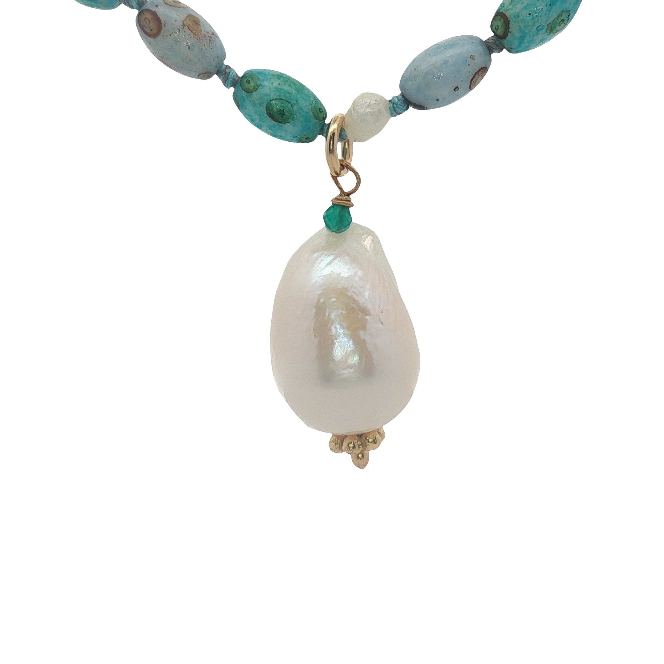 Collier doré multi turquoise et perles de culture 75 cm