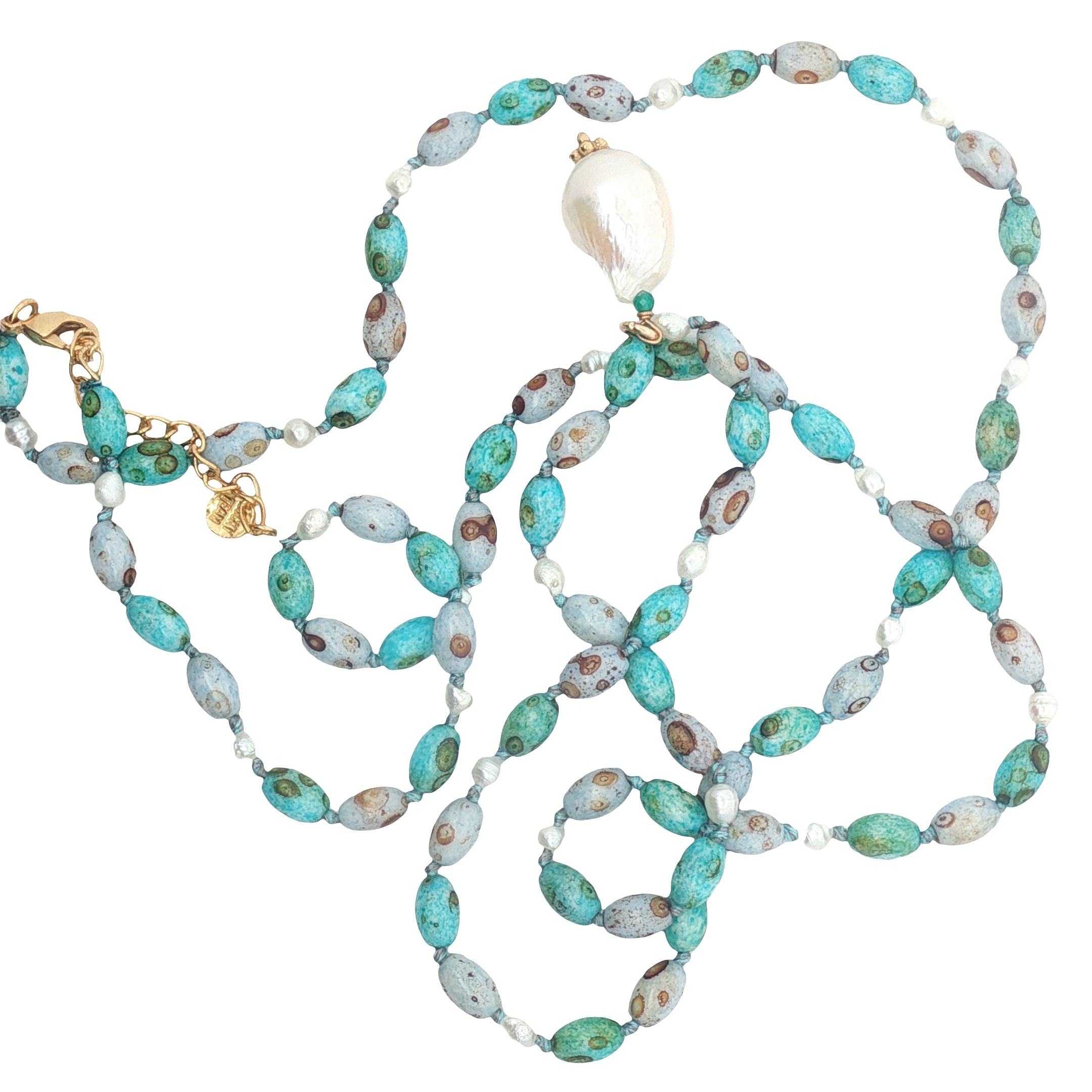 Collier doré multi turquoise et perles de culture 75 cm
