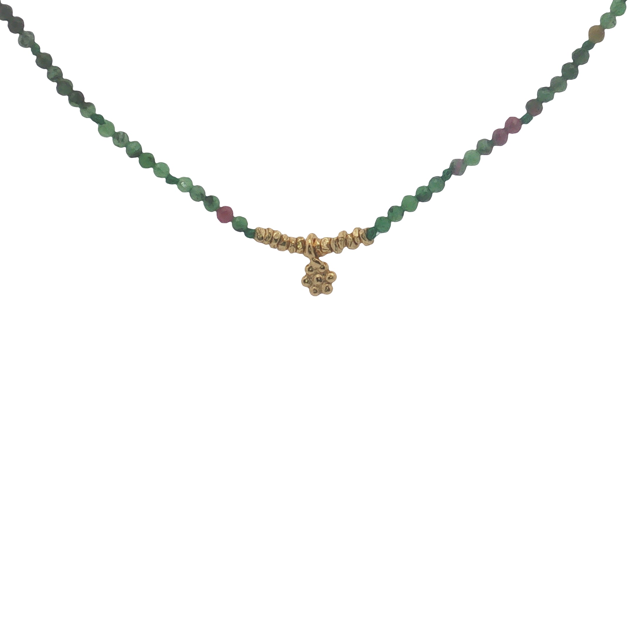 Collier doré rubis zoisite, pampille fleur et perles dorées 38 cm
