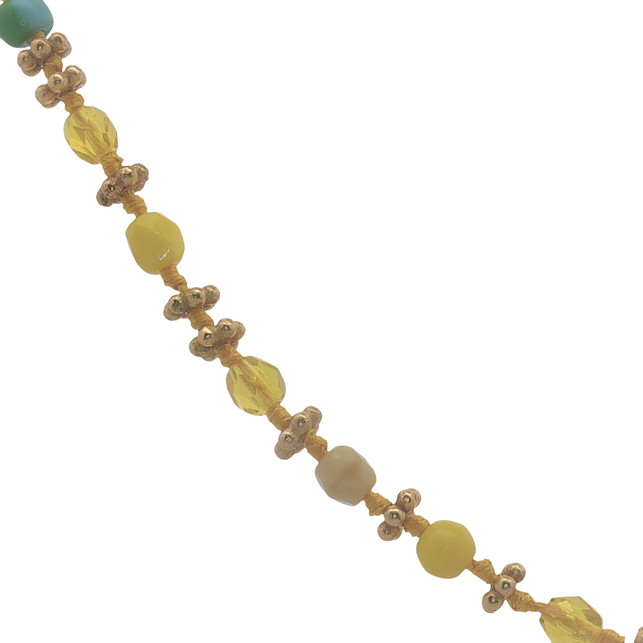 Collier doré perles jaunes et turquoise avec couronnes dorées 75 cm