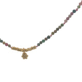 Collier doré tourmaline, pampille fleur et perles dorées 38 cm