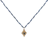 Collier doré amulette lapis lazulis, turquoise et perle de culture 60 cm