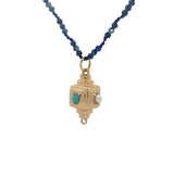 Collier doré amulette lapis lazulis, turquoise et perle de culture 60 cm
