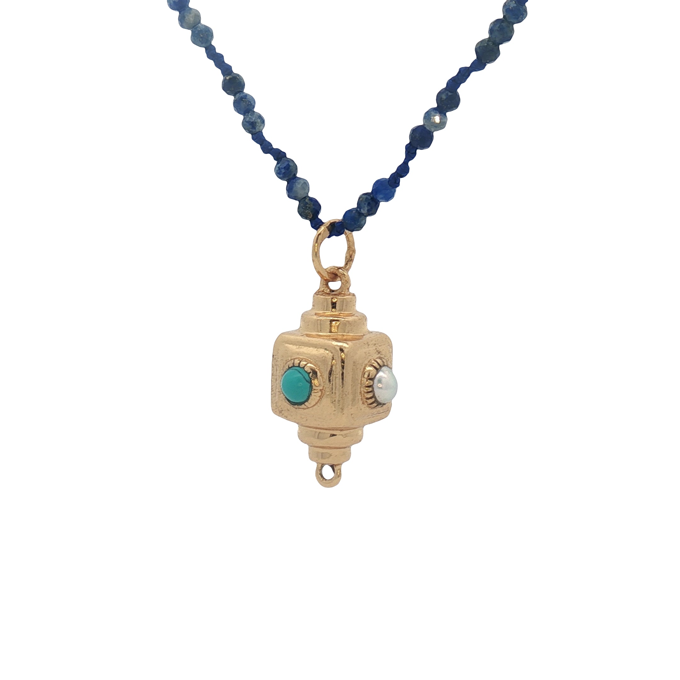Collier doré amulette lapis lazulis, turquoise et perle de culture 60 cm