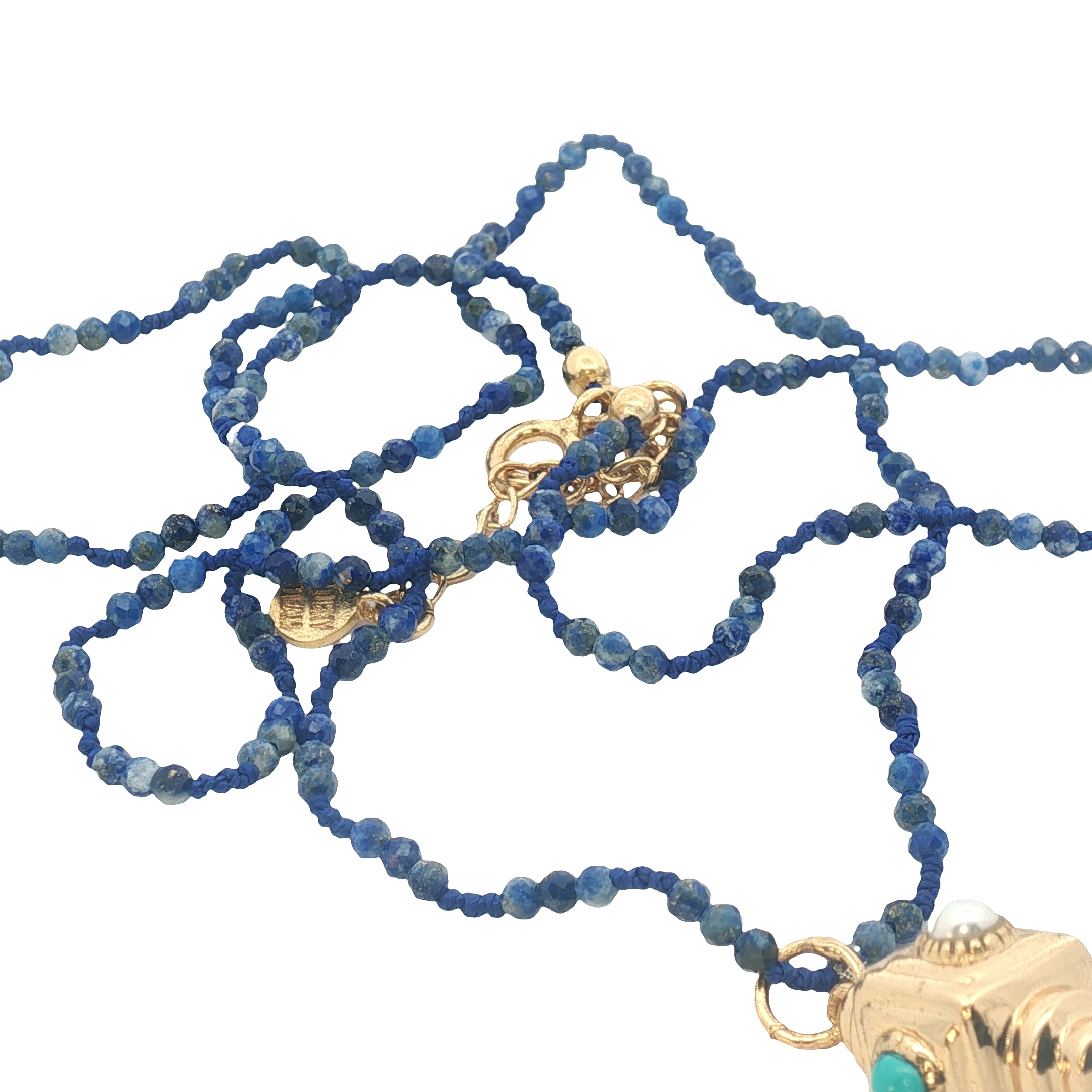 Collier doré amulette lapis lazulis, turquoise et perle de culture 60 cm