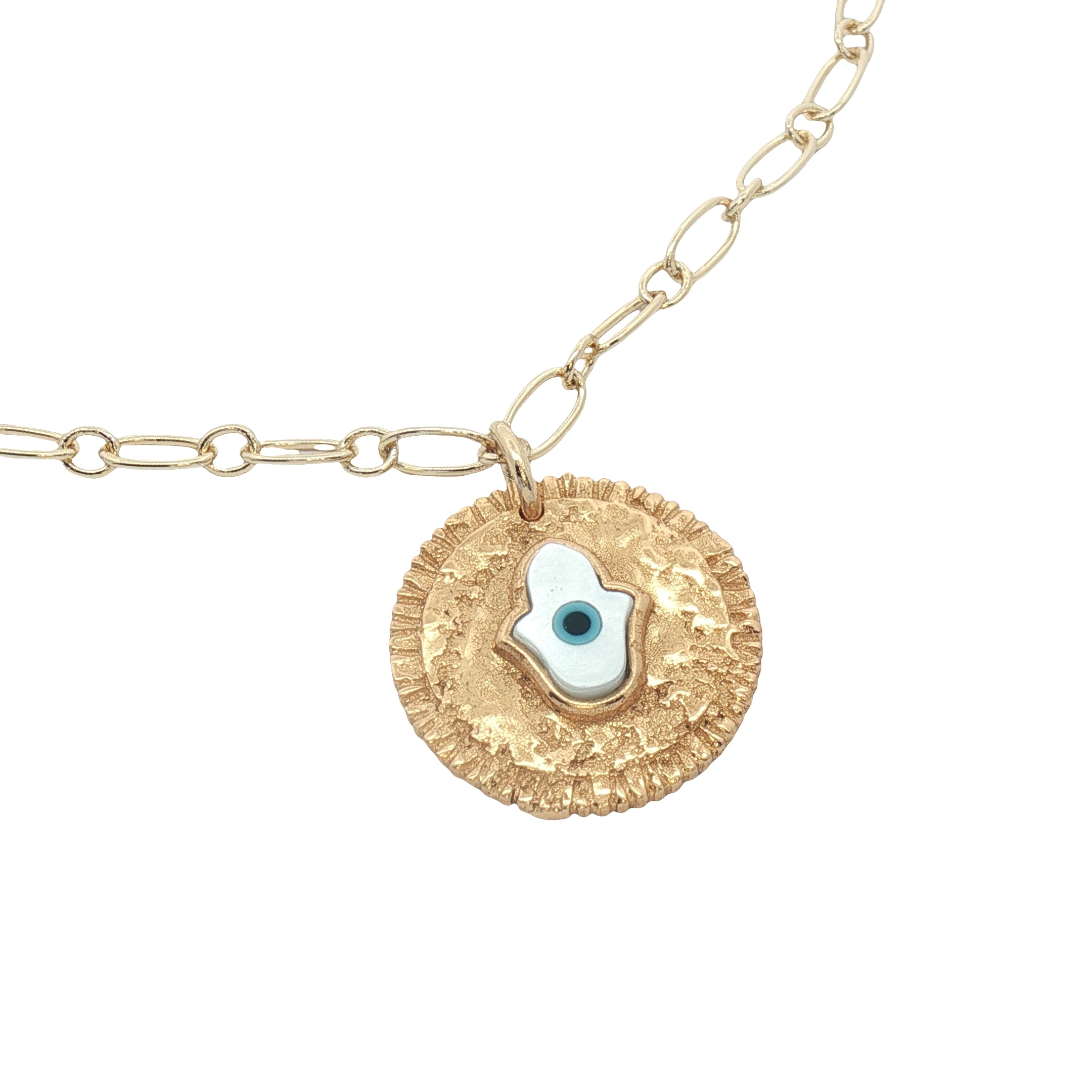 Collier doré medaille main de Fatma nacre avec oeil 42 cm
